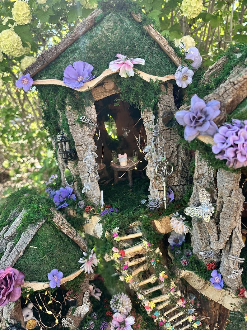 Huge Large Handmade Fairy House Fully Decorated Furnished And Lights(One Of A Kind) Wooden Fairy House Handmade Outdoor Fairy House Wooden