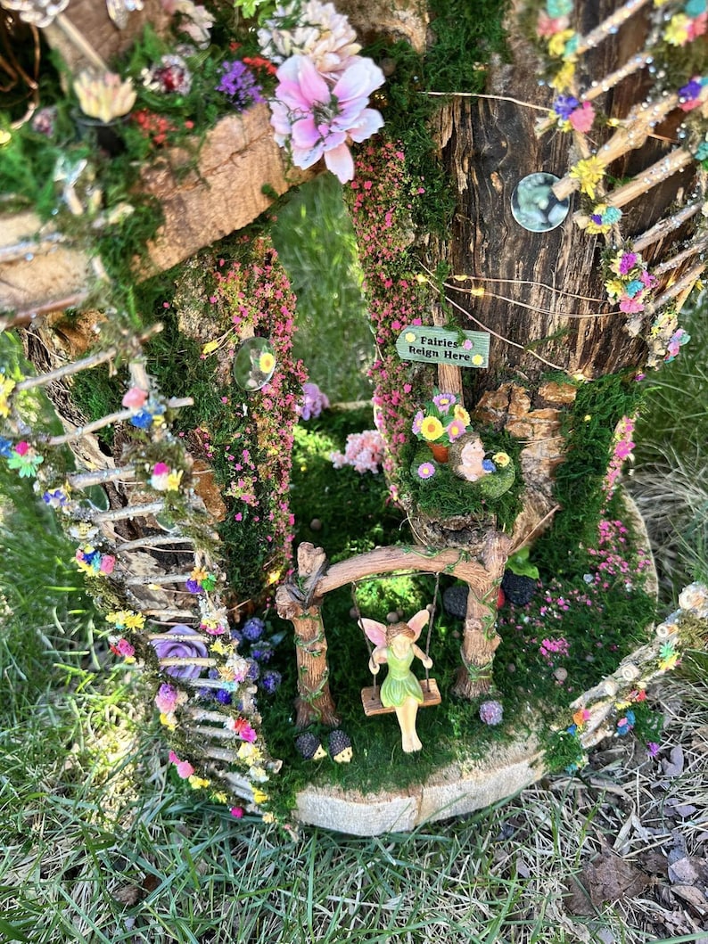 Huge Large Handmade Fairy House Fully Decorated Furnished And Lights(One Of A Kind) Wooden Fairy House Handmade Outdoor Fairy House Wooden