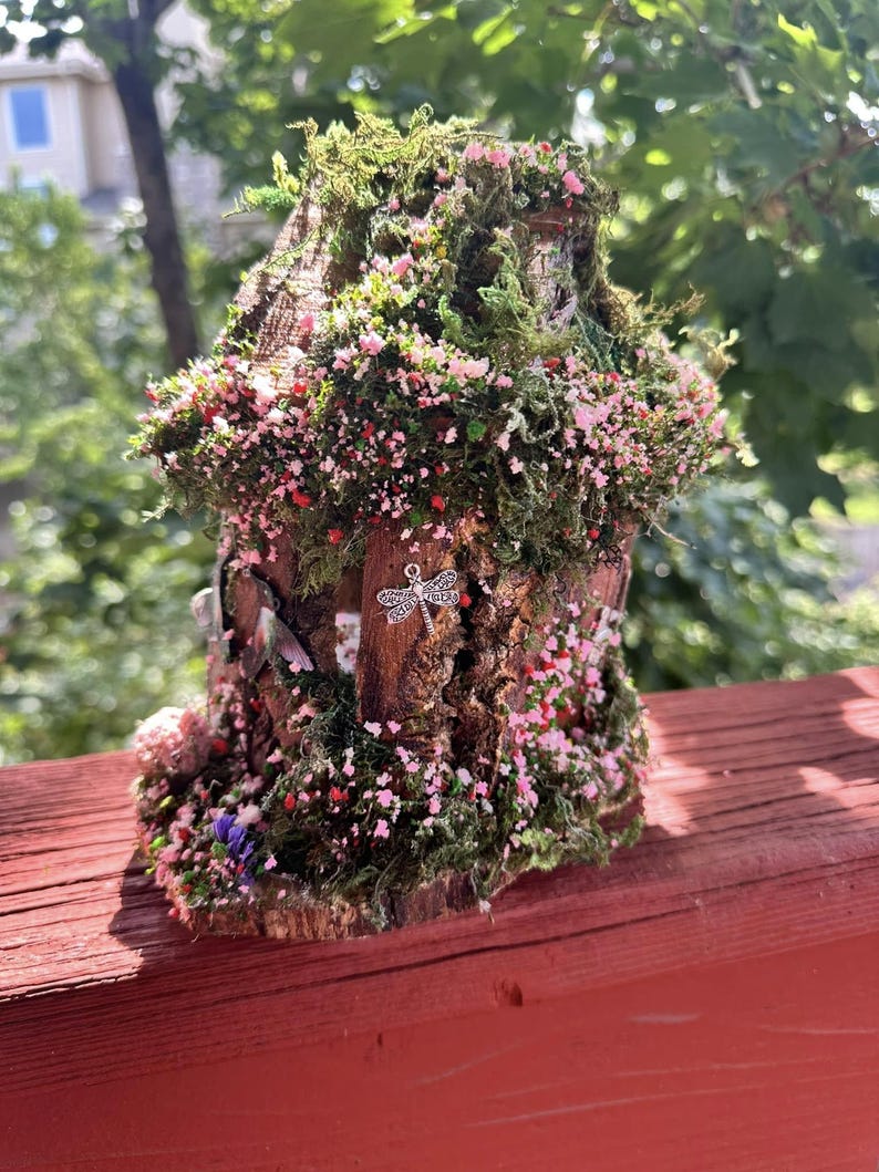 Adorable Small Fairy Garden House Single Fairy House Fully Decorated Fairy House Handmade Out or indoor Wooden Fairy House