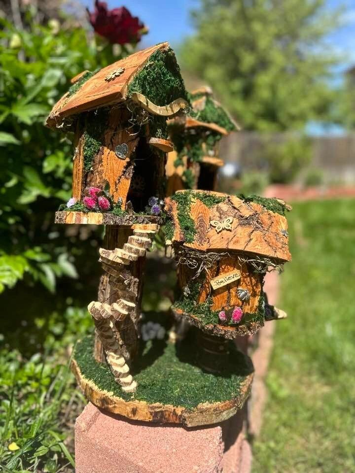 Triple Fairy House Large Fairy / Pixie House Fully Decorated And Lights Fairy Garden Houses