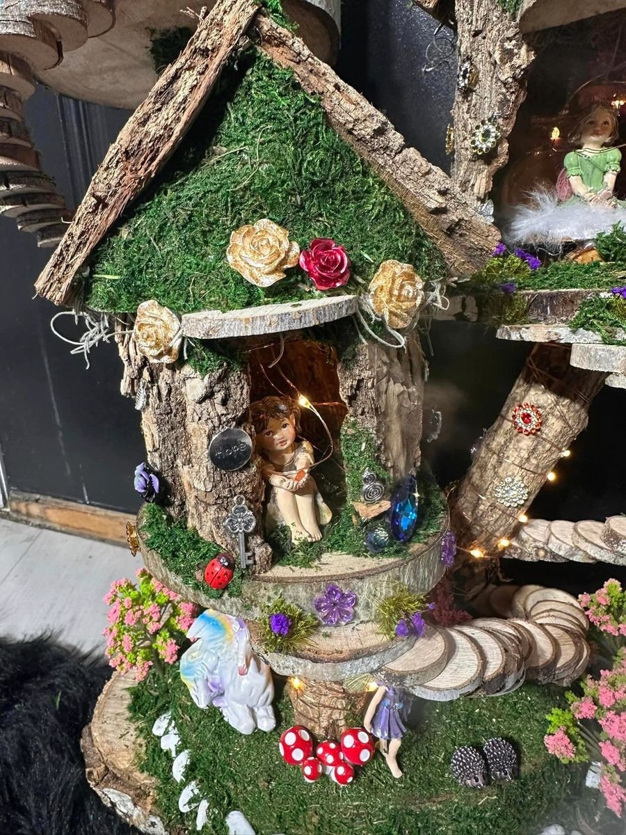 Stunning Triple Fairy House Doll House Fully Decorated With Fairies Furniture And Lights Fairy House In The Garden