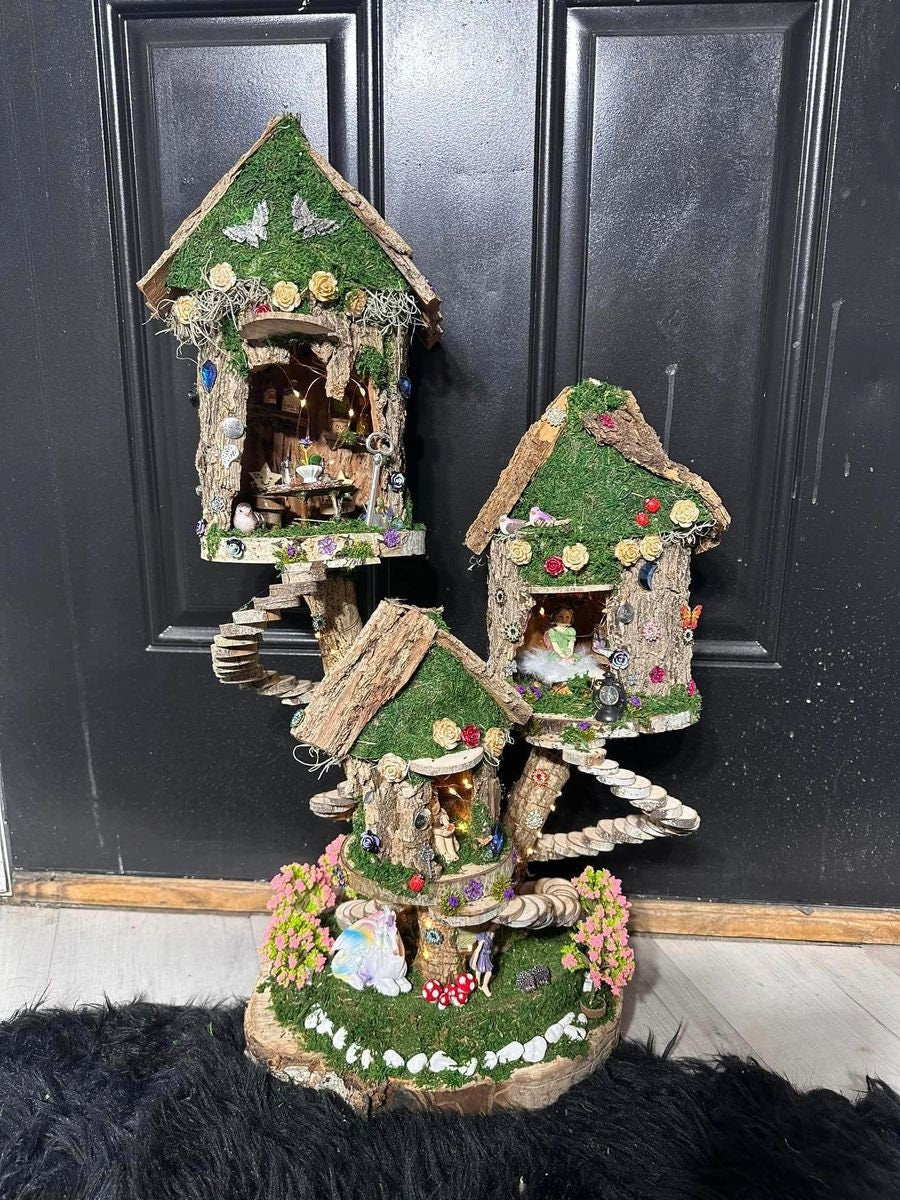 Stunning Triple Fairy House Doll House Fully Decorated With Fairies Furniture And Lights Fairy House In The Garden
