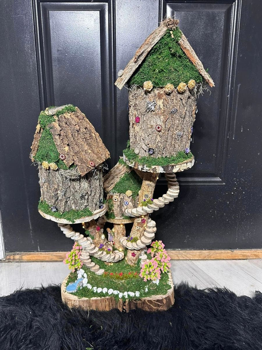 Stunning Triple Fairy House Doll House Fully Decorated With Fairies Furniture And Lights Fairy House In The Garden