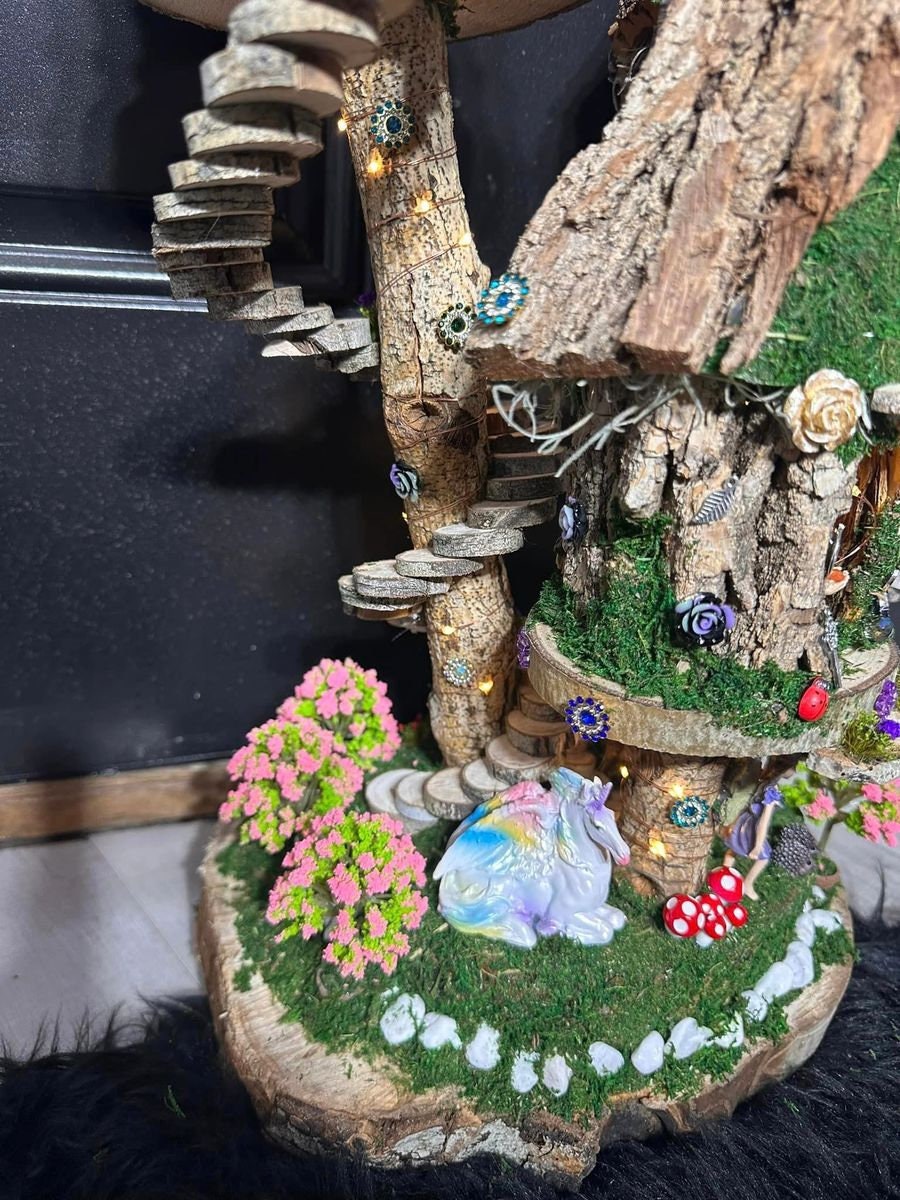 Stunning Triple Fairy House Doll House Fully Decorated With Fairies Furniture And Lights Fairy House In The Garden