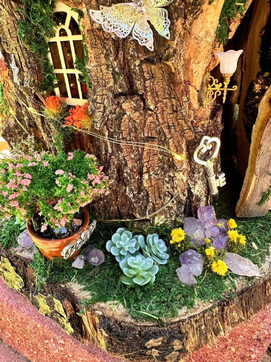 Fairy House 2 Level Tree Stump Fairy House Fully Decorated Inside & Out Has Lights One Of A Kind Must See Pictures