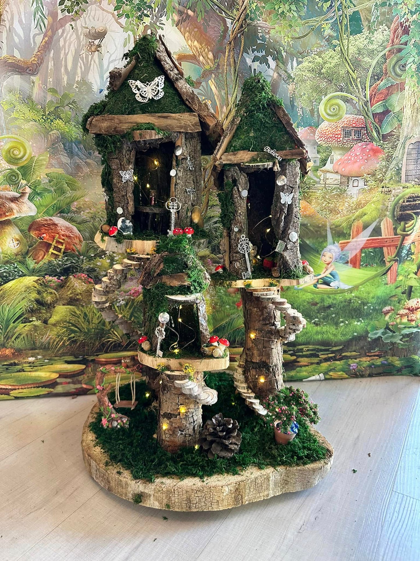 Large Handmade Fairy House Must See. Has lights!