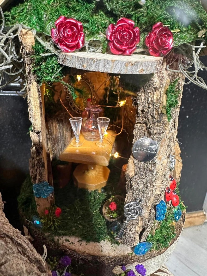 Fairy Doll House 4 Plex One Of A Kind Fully Decorated With Lights Fairy House Handmade Handmade Fairy House Woodland Cottage Wooden Fairy