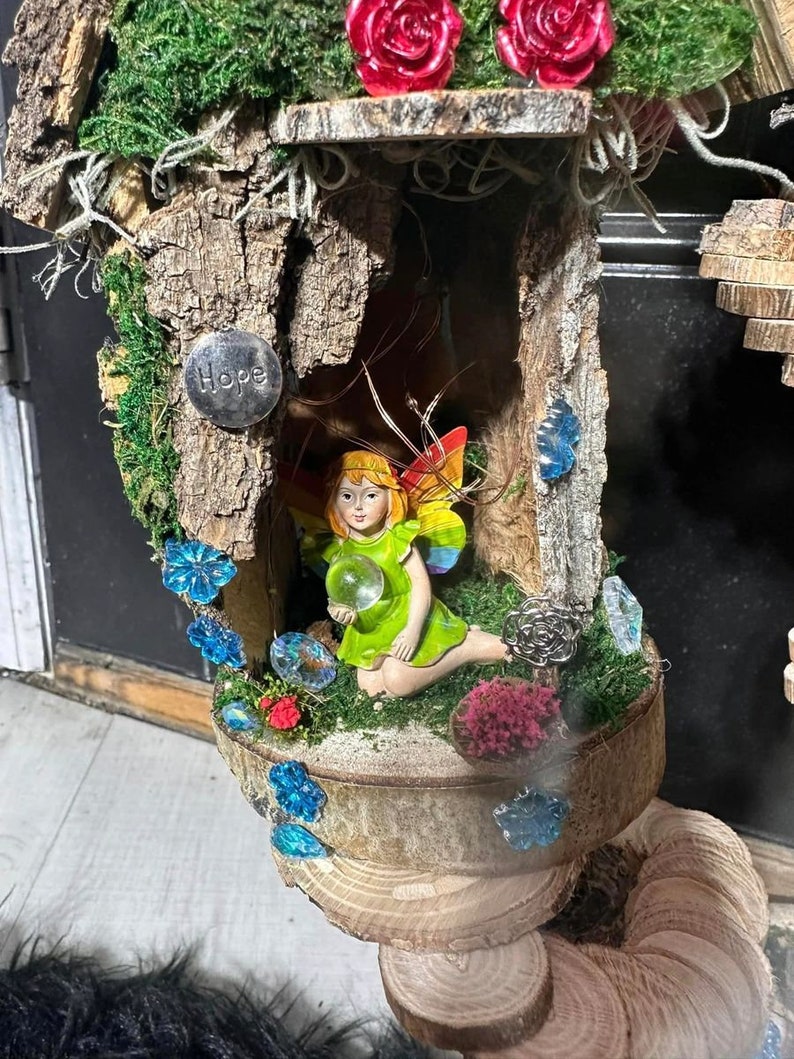 Fairy Doll House 4 Plex One Of A Kind Fully Decorated With Lights Fairy House Handmade Handmade Fairy House Woodland Cottage Wooden Fairy