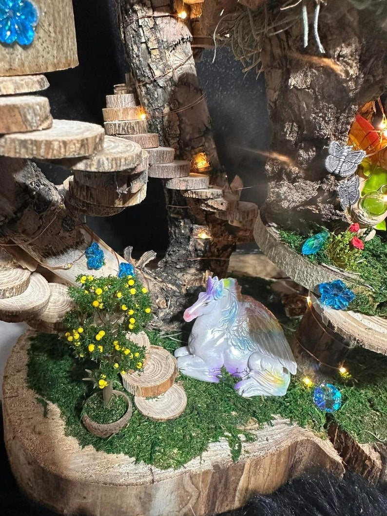 Fairy Doll House 4 Plex One Of A Kind Fully Decorated With Lights Fairy House Handmade Handmade Fairy House Woodland Cottage Wooden Fairy