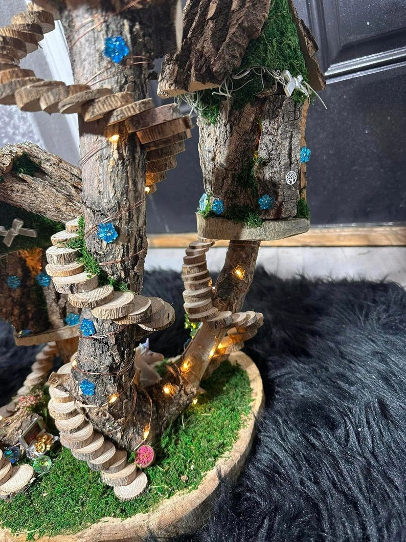 Fairy Doll House 4 Plex One Of A Kind Fully Decorated With Lights Fairy House Handmade Handmade Fairy House Woodland Cottage Wooden Fairy