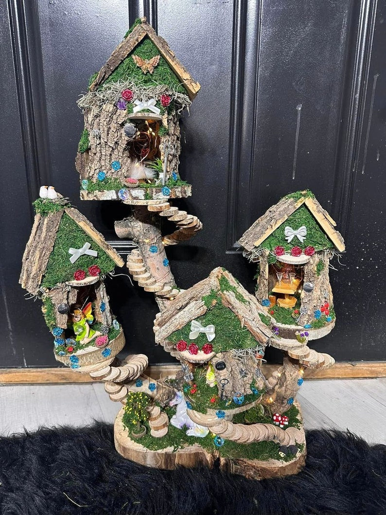 Fairy Doll House 4 Plex One Of A Kind Fully Decorated With Lights Fairy House Handmade Handmade Fairy House Woodland Cottage Wooden Fairy