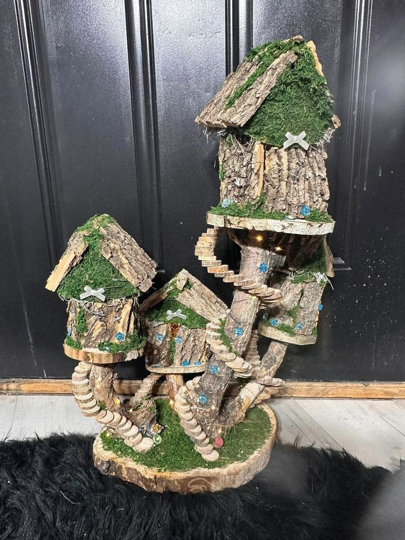 Fairy Doll House 4 Plex One Of A Kind Fully Decorated With Lights Fairy House Handmade Handmade Fairy House Woodland Cottage Wooden Fairy