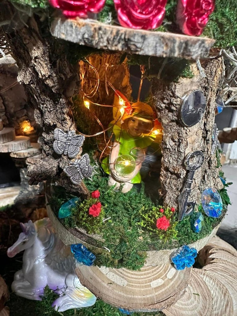 Fairy Doll House 4 Plex One Of A Kind Fully Decorated With Lights Fairy House Handmade Handmade Fairy House Woodland Cottage Wooden Fairy