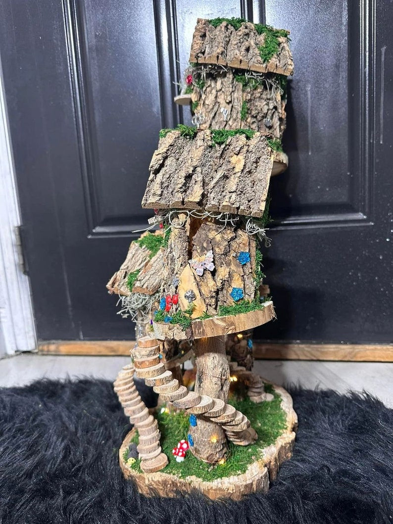 Fairy Doll House 4 Plex One Of A Kind Fully Decorated With Lights Fairy House Handmade Handmade Fairy House Woodland Cottage Wooden Fairy