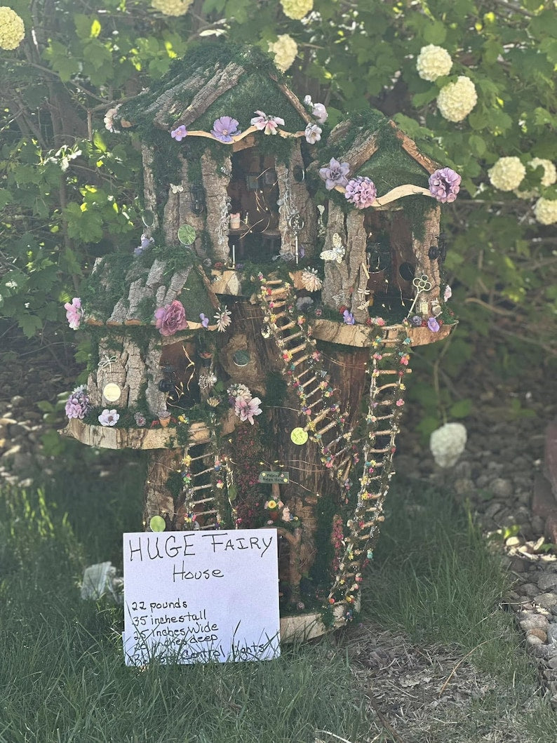 Huge Large Handmade Fairy House Fully Decorated Furnished And Lights(One Of A Kind) Wooden Fairy House Handmade Outdoor Fairy House Wooden