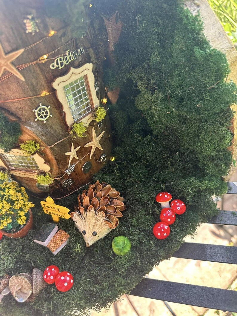 Fairy House Wall or Tree Screw In Fully Decorated With Lights Fairy Garden Dollhouse Handmade Fairy House Large Fairy House Fairy House