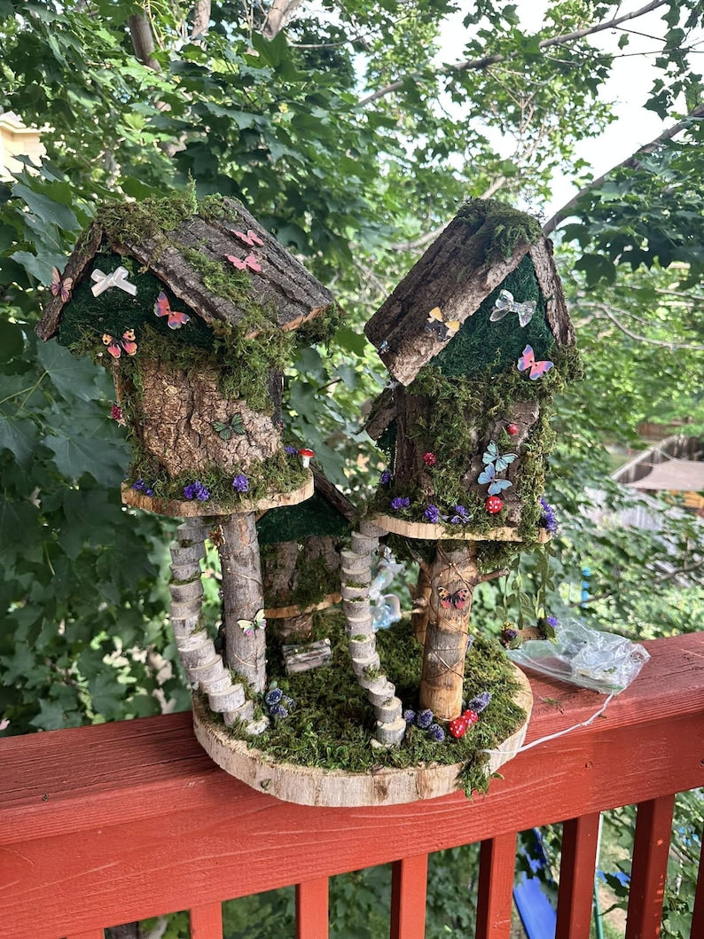 Large 4 plex Fairy House Handmade Fairy Village Fairy Dollhouse Fairy Garden Woodland Fairy House Handmade Wooden Fairy House Fairy Garden