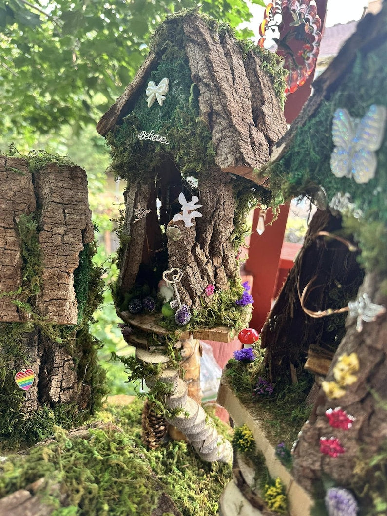 Large 4 plex Fairy House Handmade Fairy Village Fairy Dollhouse Fairy Garden Woodland Fairy House Handmade Wooden Fairy House Fairy Garden