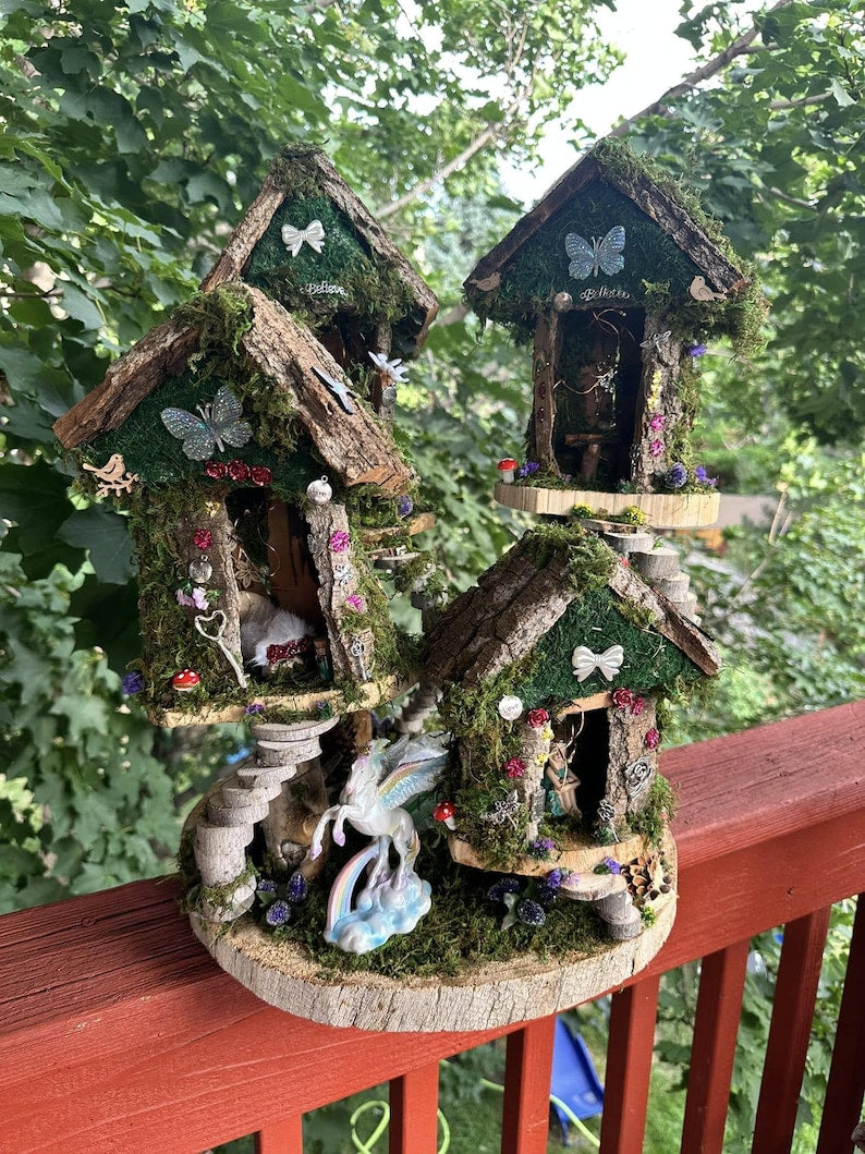 Large 4 plex Fairy House Handmade Fairy Village Fairy Dollhouse Fairy Garden Woodland Fairy House Handmade Wooden Fairy House Fairy Garden