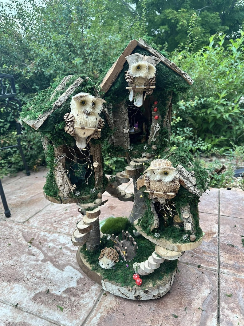 Woodland Owl Fairy House Fairy Garden Neighborhood Large Handmade Fairy House Fairy House With Lights Outdoor Owl Features Fairy House