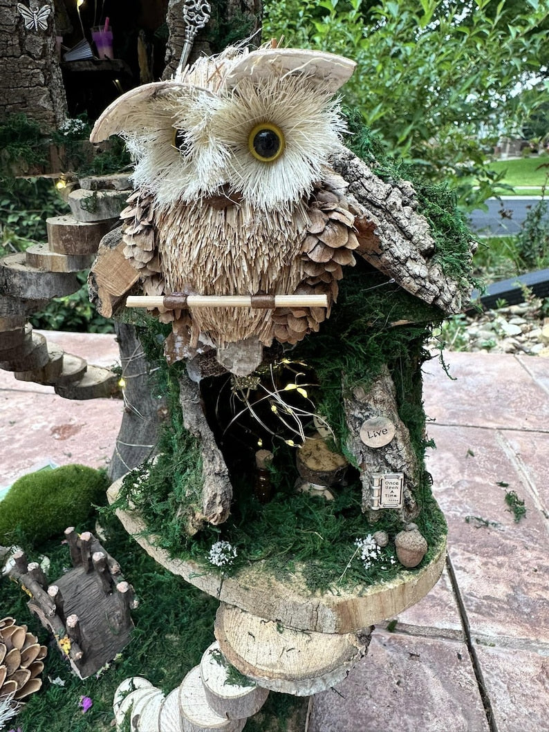 Woodland Owl Fairy House Fairy Garden Neighborhood Large Handmade Fairy House Fairy House With Lights Outdoor Owl Features Fairy House