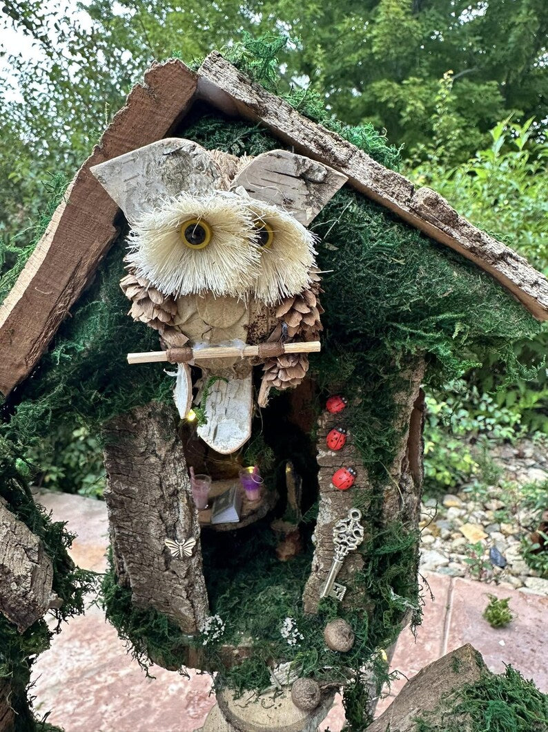 Woodland Owl Fairy House Fairy Garden Neighborhood Large Handmade Fairy House Fairy House With Lights Outdoor Owl Features Fairy House