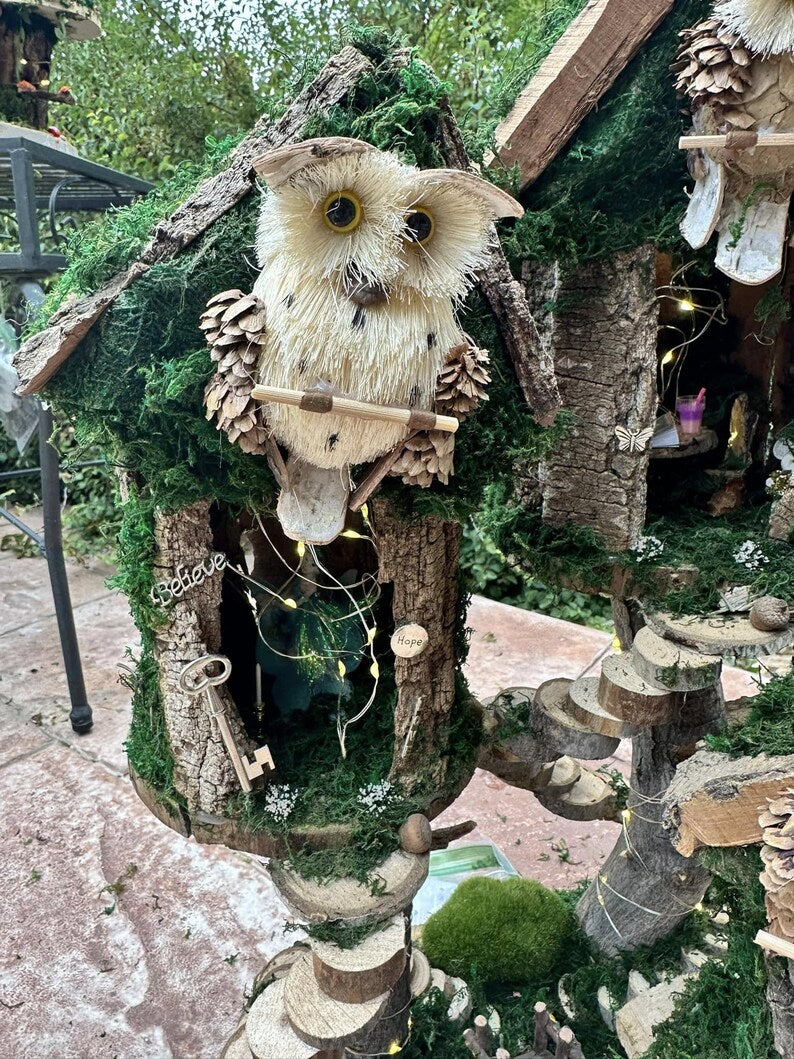 Woodland Owl Fairy House Fairy Garden Neighborhood Large Handmade Fairy House Fairy House With Lights Outdoor Owl Features Fairy House