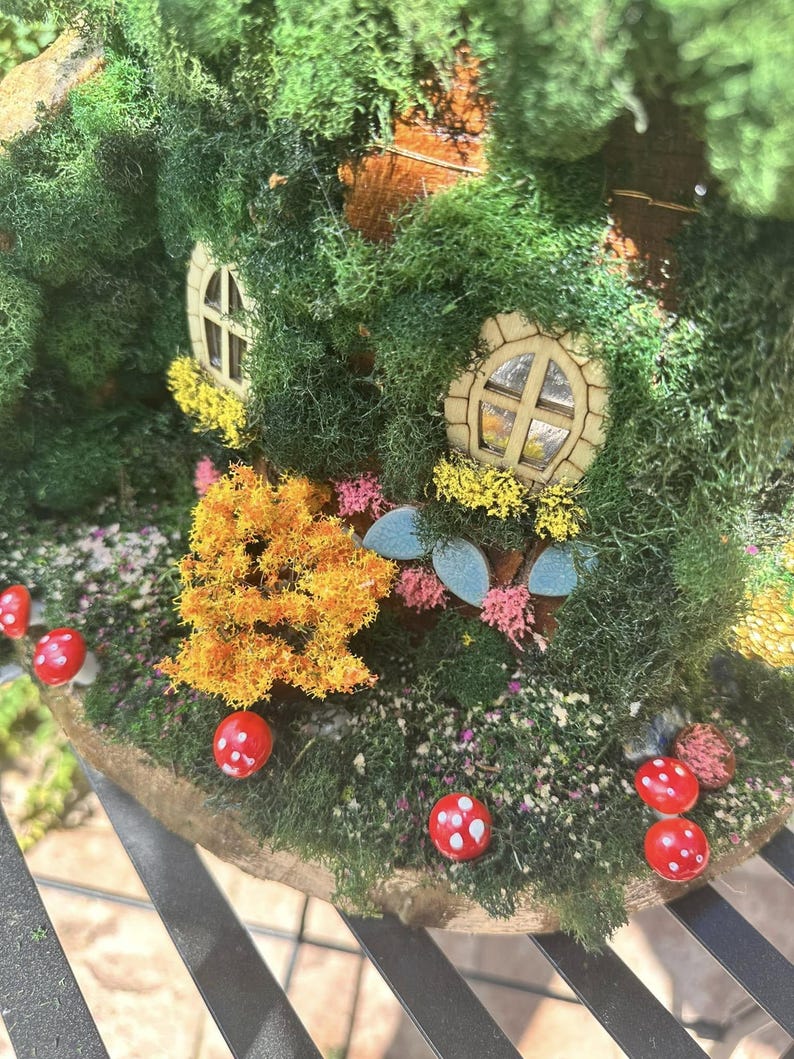 Fairy Stump House Wall or Tree Screw In Fully Decorated With Lights Fairy Garden Dollhouse Handmade Large Fairy House Hang or table sit