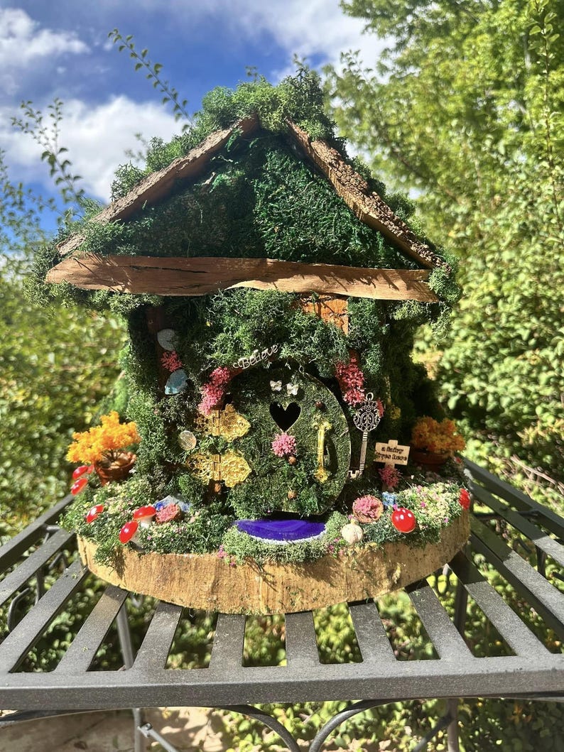 Fairy Stump House Wall or Tree Screw In Fully Decorated With Lights Fairy Garden Dollhouse Handmade Large Fairy House Hang or table sit