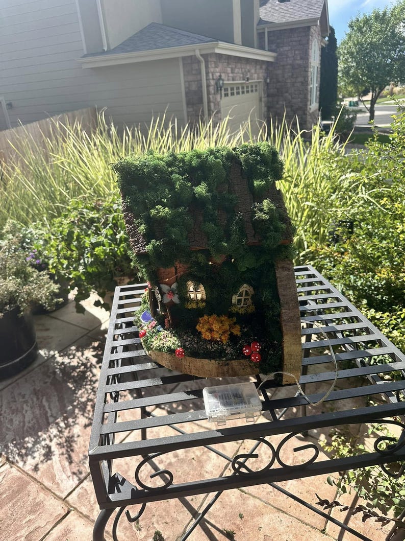 Fairy Stump House Wall or Tree Screw In Fully Decorated With Lights Fairy Garden Dollhouse Handmade Large Fairy House Hang or table sit