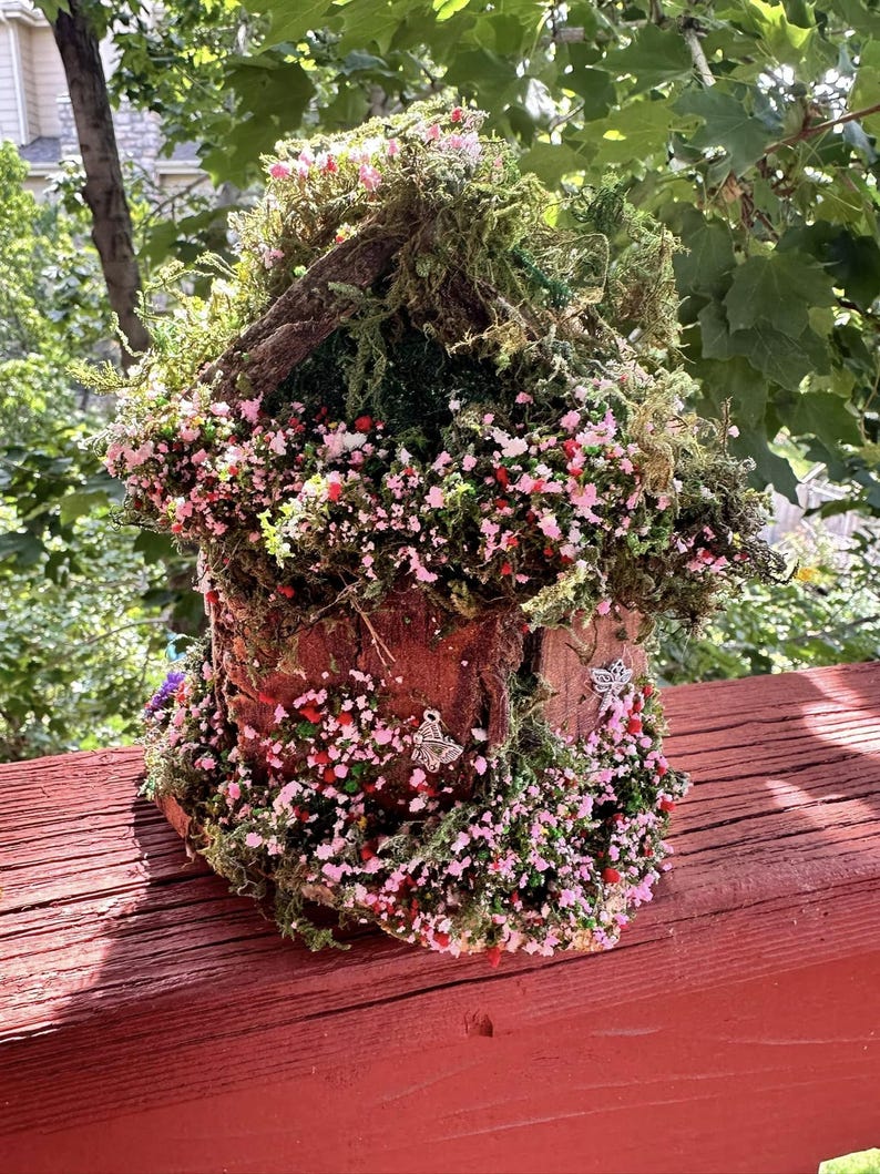 Adorable Small Fairy Garden House Single Fairy House Fully Decorated Fairy House Handmade Out or indoor Wooden Fairy House