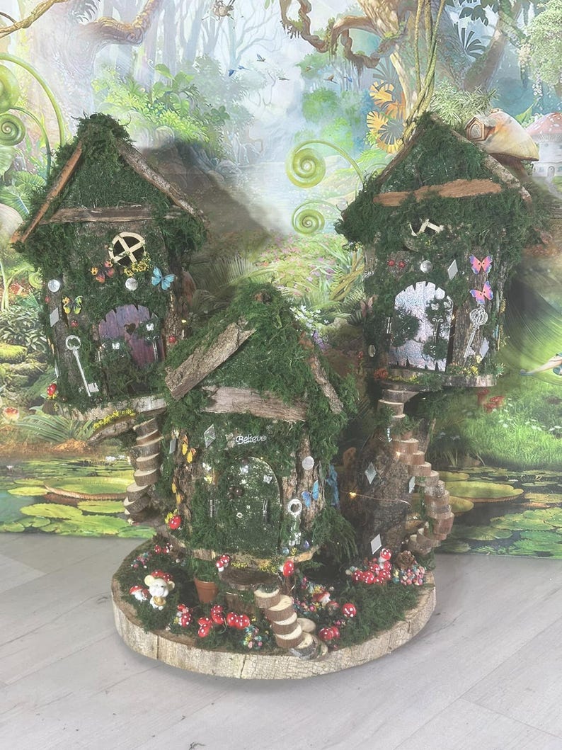 Huge Fairy House Handmade With Fairy Magic Fully Decorated & Lights Dollhouse Woodland Cottage Wooden Fairy House Custom Outdoor Fairy House
