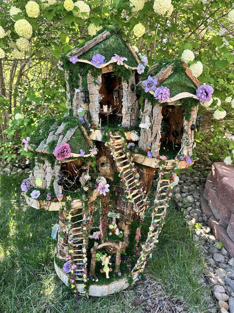 Huge Large Handmade Fairy House Fully Decorated Furnished And Lights(One Of A Kind) Wooden Fairy House Handmade Outdoor Fairy House Wooden