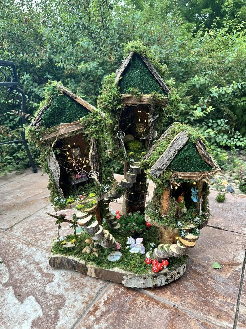 Lovely Fairy House Fairy Garden Neighborhood Large Fairy House Handmade Fairy House With Lights Outdoor Fairy House Wooden