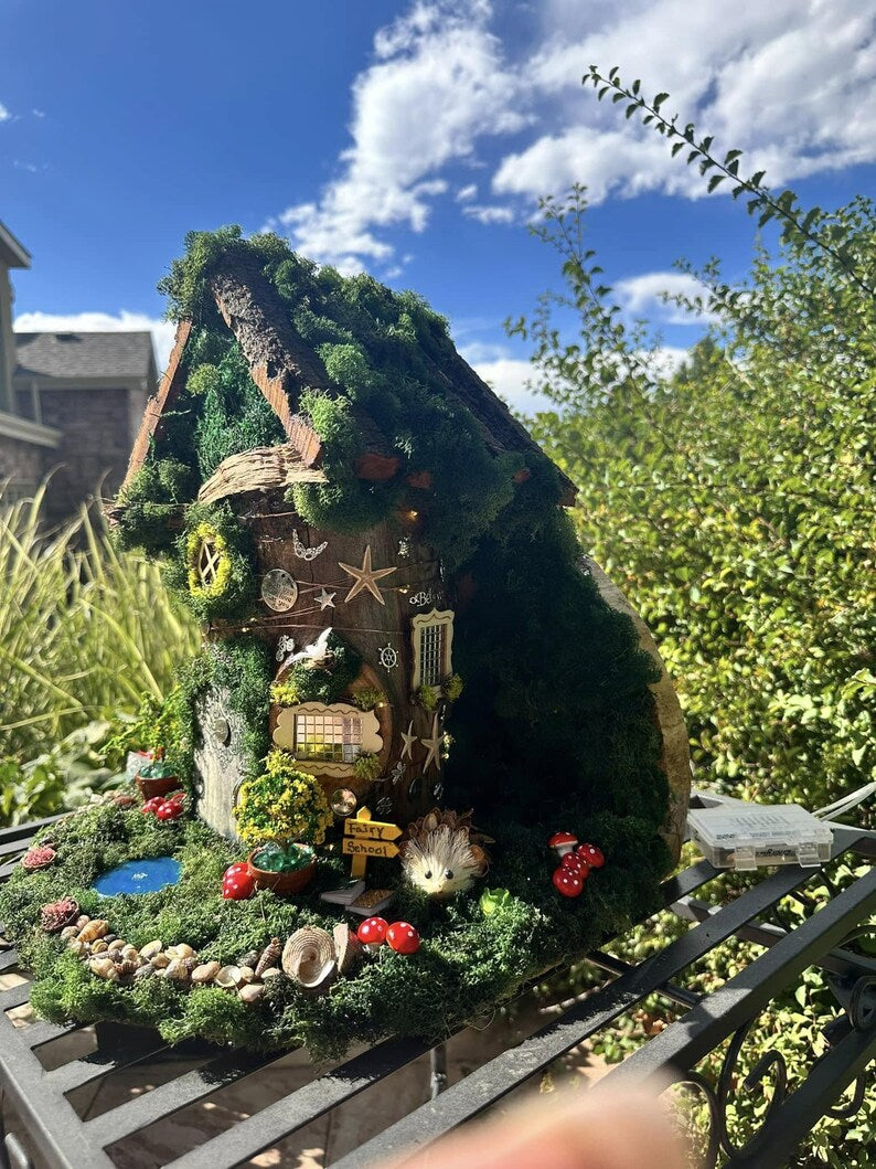 Fairy House Wall or Tree Screw In Fully Decorated With Lights Fairy Garden Dollhouse Handmade Fairy House Large Fairy House Fairy House