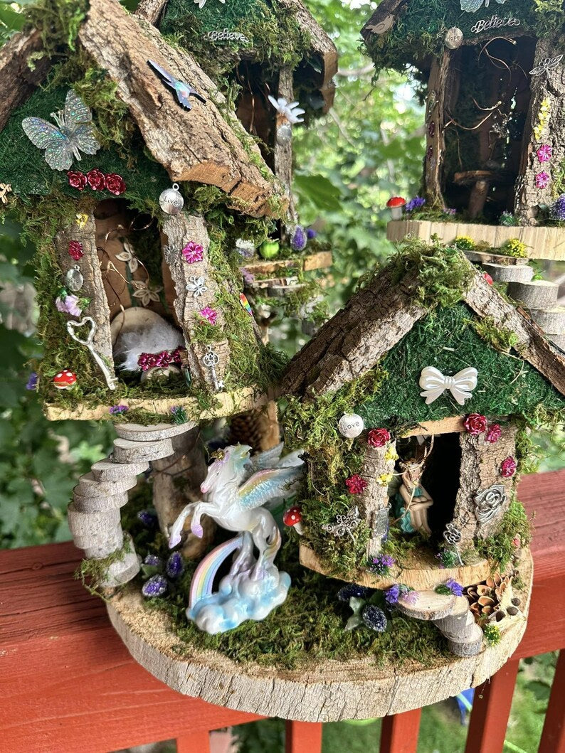 Large 4 plex Fairy House Handmade Fairy Village Fairy Dollhouse Fairy Garden Woodland Fairy House Handmade Wooden Fairy House Fairy Garden