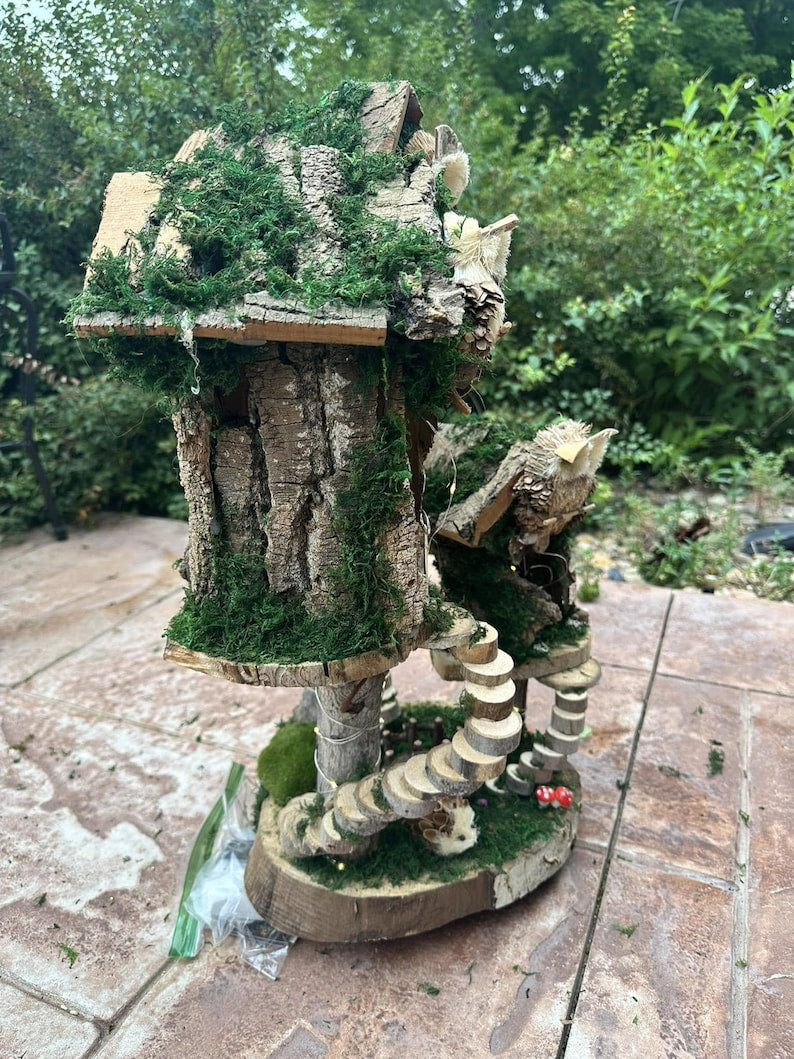 Woodland Owl Fairy House Fairy Garden Neighborhood Large Handmade Fairy House Fairy House With Lights Outdoor Owl Features Fairy House
