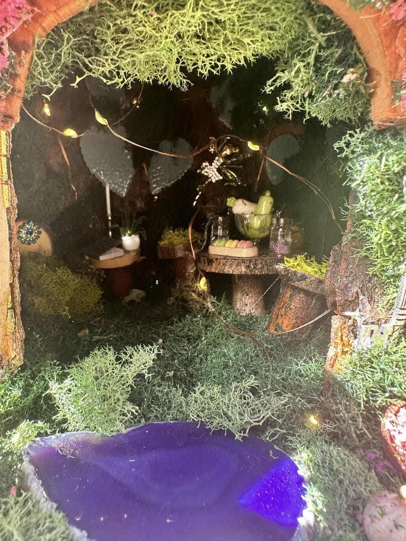 Fairy Stump House Wall or Tree Screw In Fully Decorated With Lights Fairy Garden Dollhouse Handmade Large Fairy House Hang or table sit