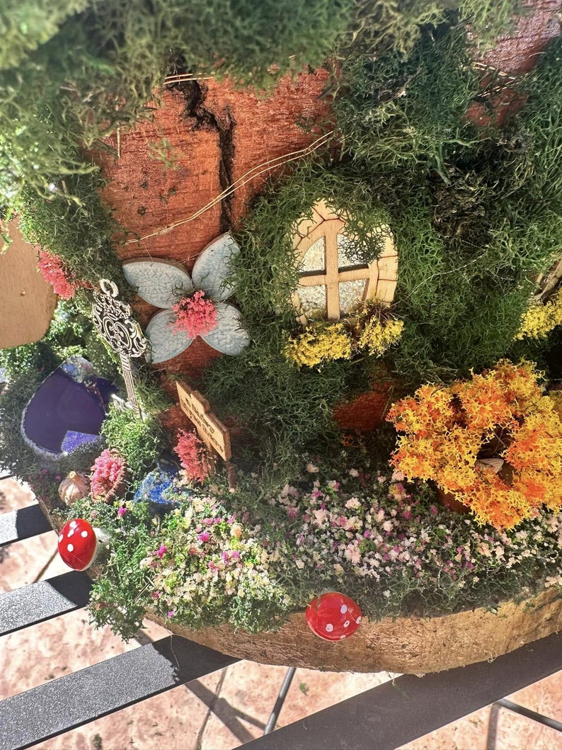 Fairy Stump House Wall or Tree Screw In Fully Decorated With Lights Fairy Garden Dollhouse Handmade Large Fairy House Hang or table sit