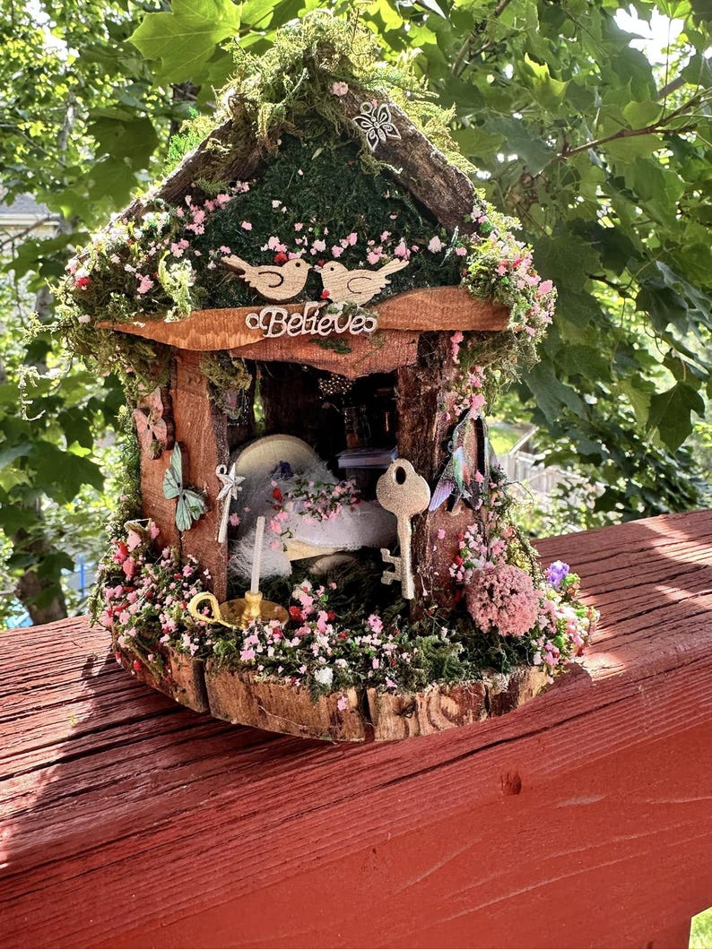 Adorable Small Fairy Garden House Single Fairy House Fully Decorated Fairy House Handmade Out or indoor Wooden Fairy House