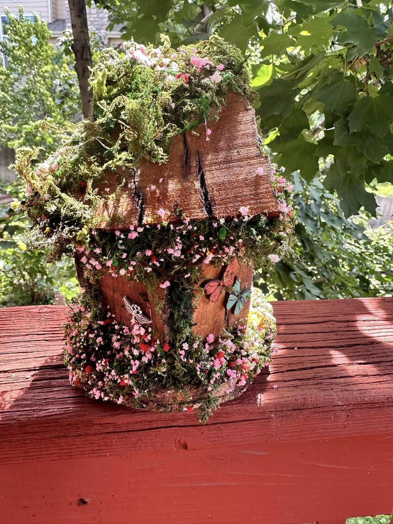 Adorable Small Fairy Garden House Single Fairy House Fully Decorated Fairy House Handmade Out or indoor Wooden Fairy House